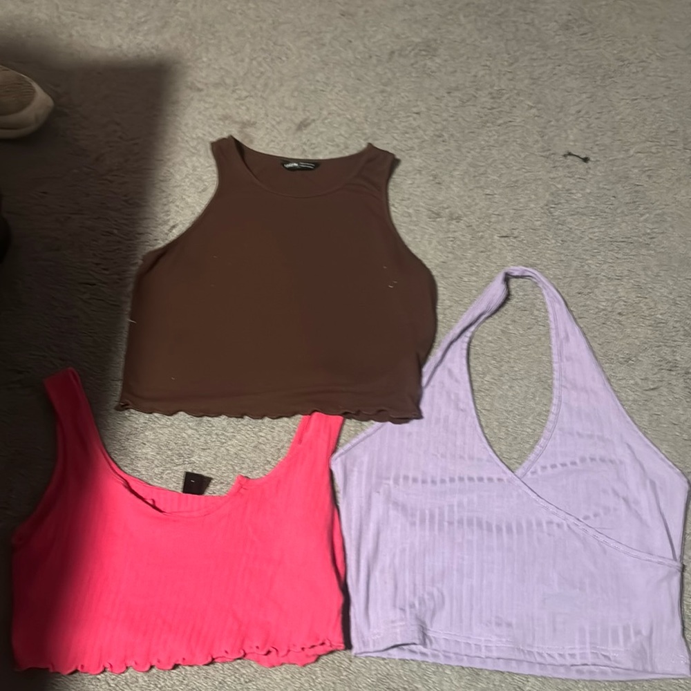 Set of three shein tank tops. brown,purple, and pink